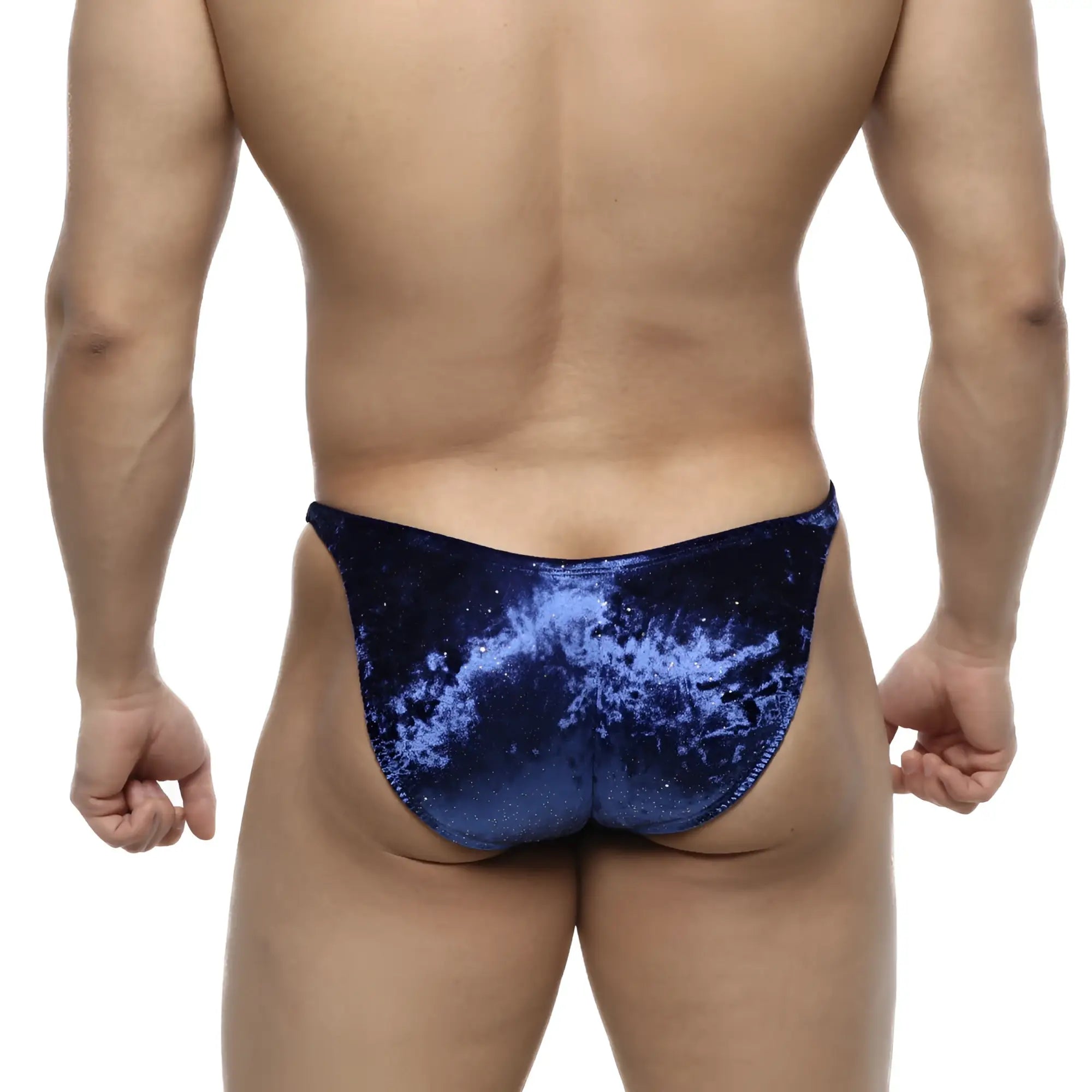 Deep blue velvet MetroMaleWear posing trunks with shimmering galaxy pattern for IFBB pro posing suit use