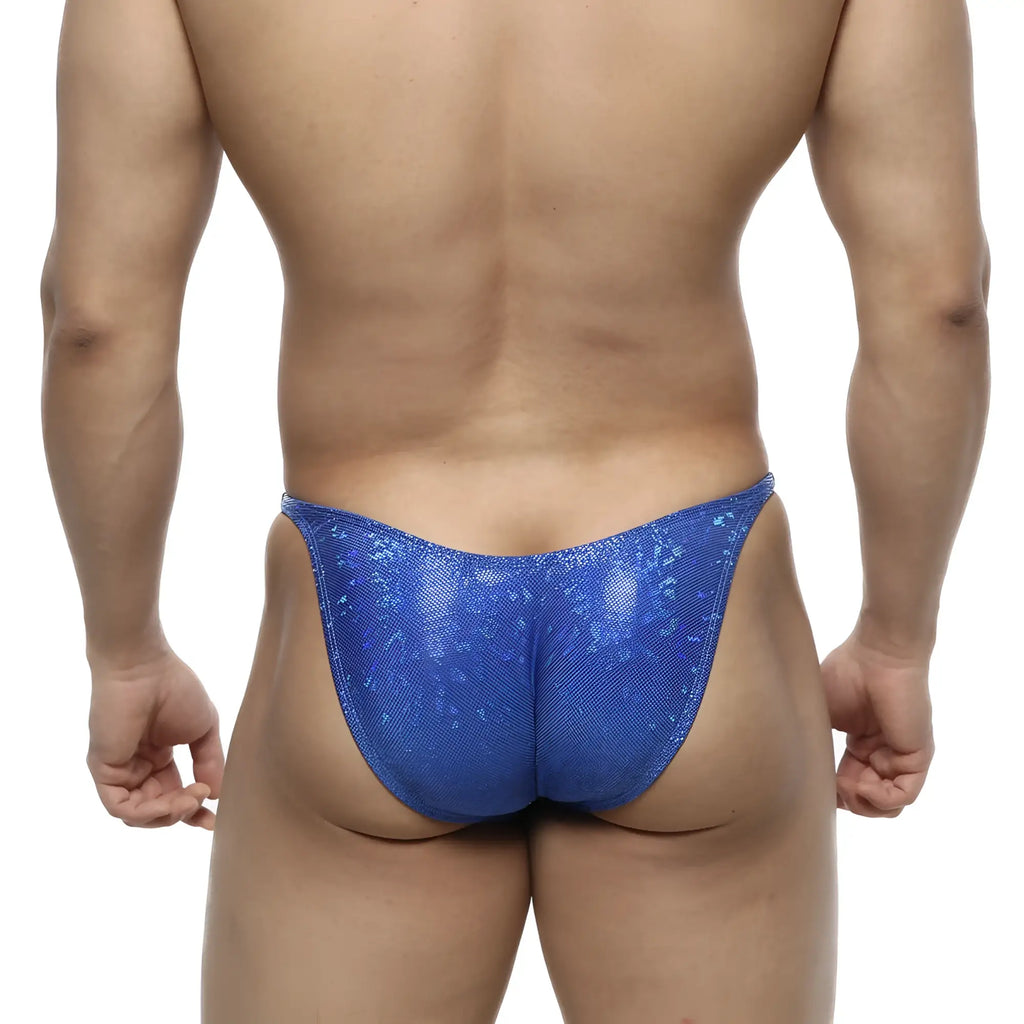 Blue sequined thong with shiny textured surface from metromalewear posingwear ifbb pro posing suit dazzling blue