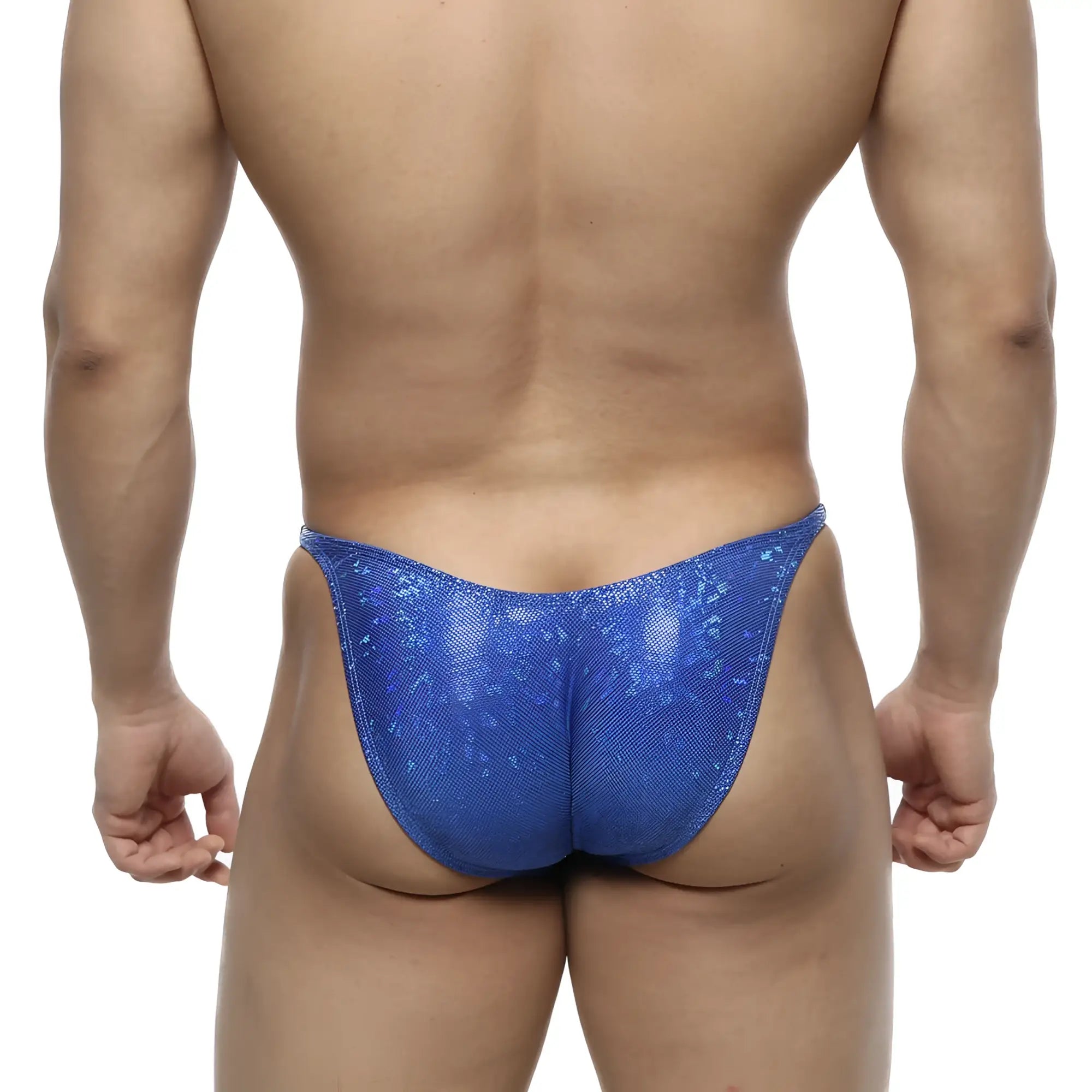 Blue sequined thong with shiny textured surface from metromalewear posingwear ifbb pro posing suit dazzling blue