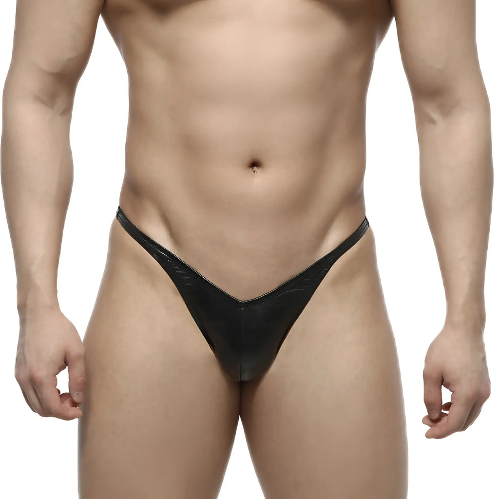 Black glossy latex thong with subtle textured pattern from MetroMaleWear IFBB PRO leather posing suit back side