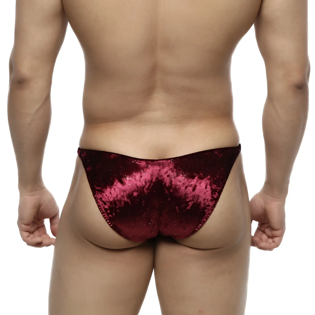 MetroMaleWear PosingWear IFBB PRO shimmering burgundy velvet brief with glittery textured finish for posing