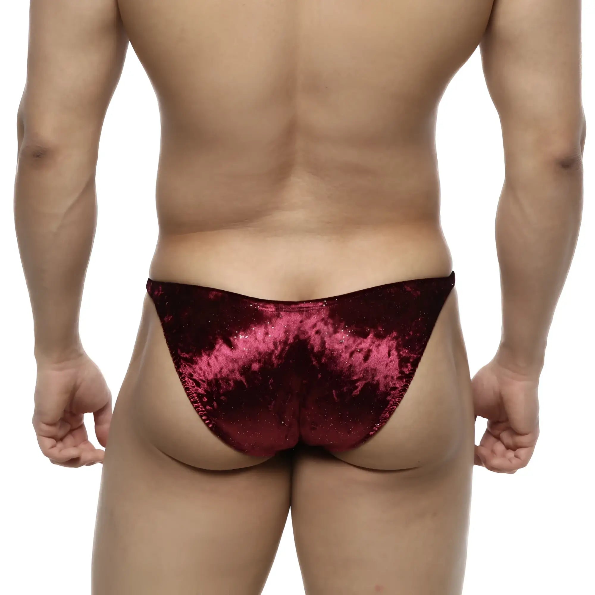 MetroMaleWear PosingWear IFBB PRO shimmering burgundy velvet brief with glittery textured finish for posing
