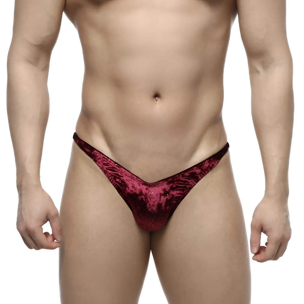 A deep red velvet thong with subtle textured pattern for MetroMaleWear PosingWear IFBB PRO posing suit purple