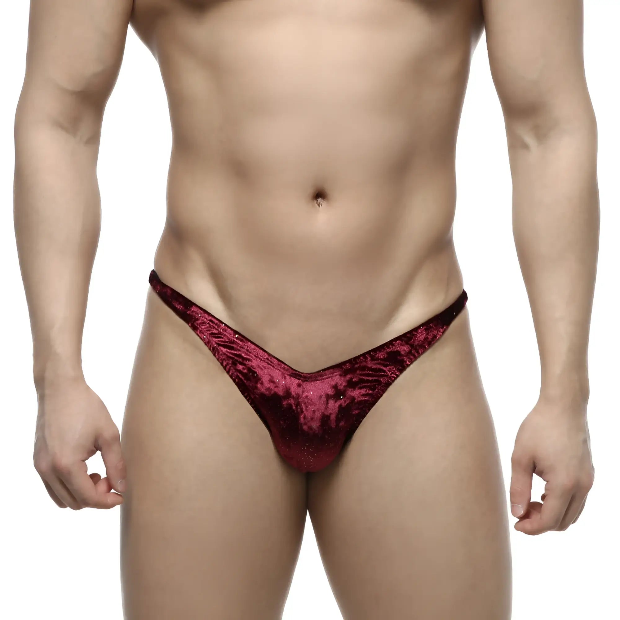 A deep red velvet thong with subtle textured pattern for MetroMaleWear PosingWear IFBB PRO posing suit purple