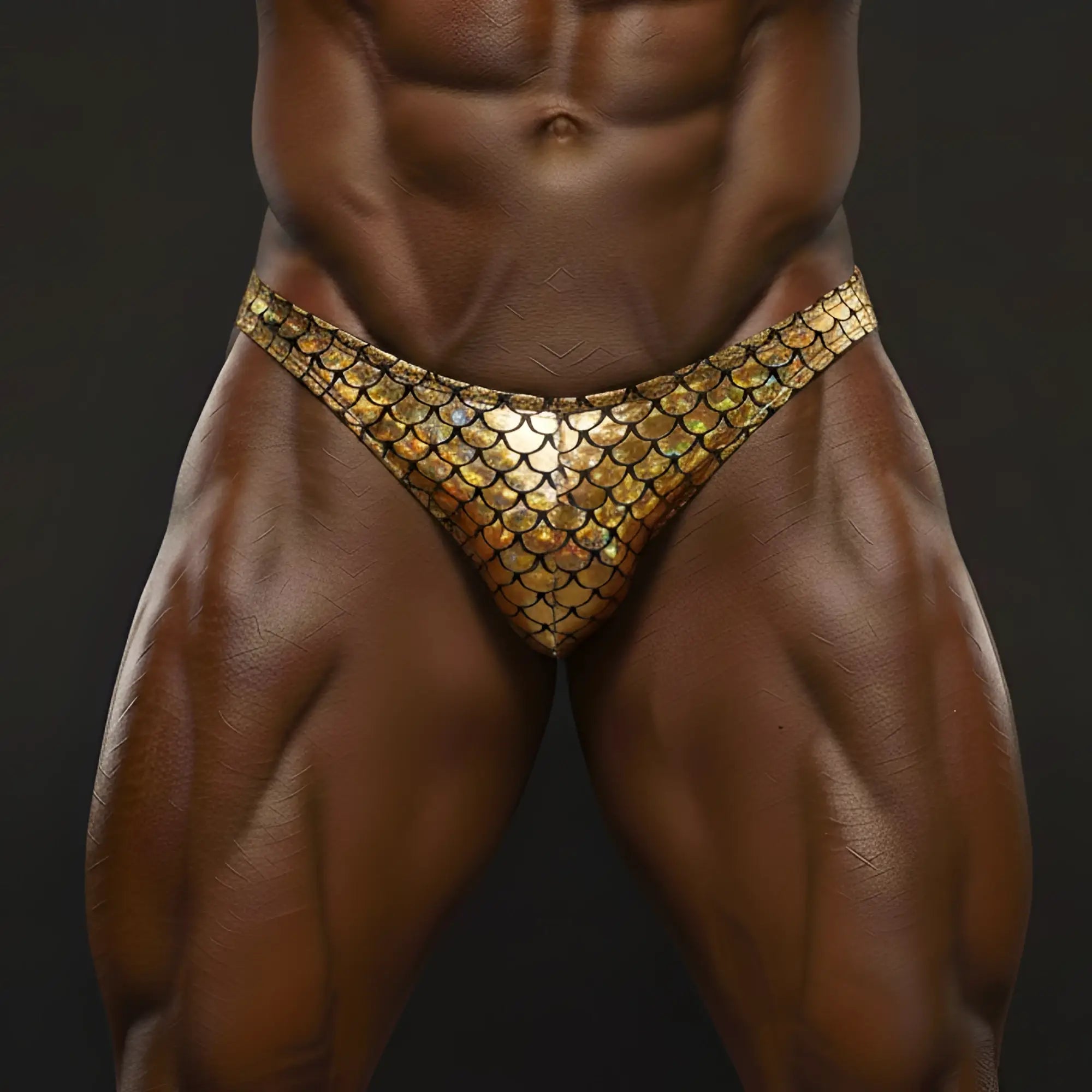 Shiny gold scale-patterned men’s briefs made of metallic fabric from metromalewear for posing wear