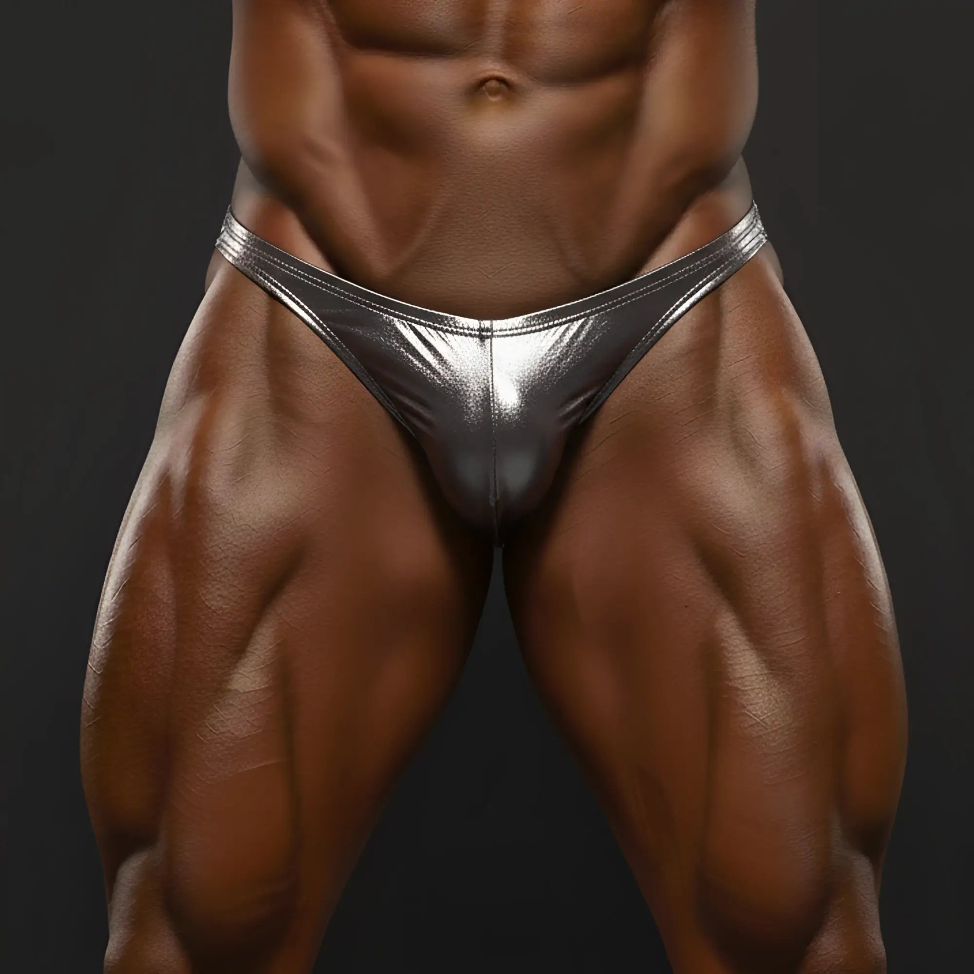 Shiny silver metallic briefs with a sleek form-fitting design from metromalewear posingwear metalic carbon posing suit