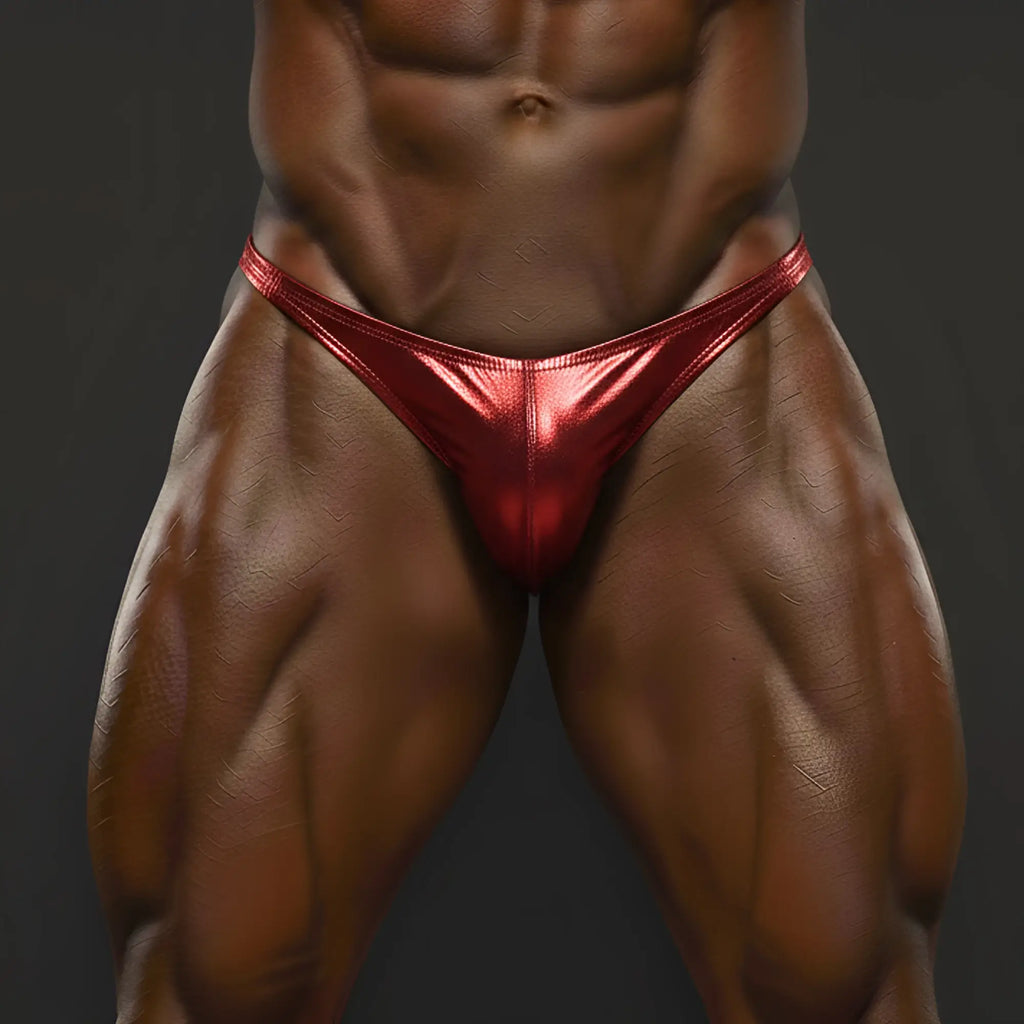 Shiny red metallic briefs from MetroMaleWear posingwear metalic red posing suit for bodybuilding competitions