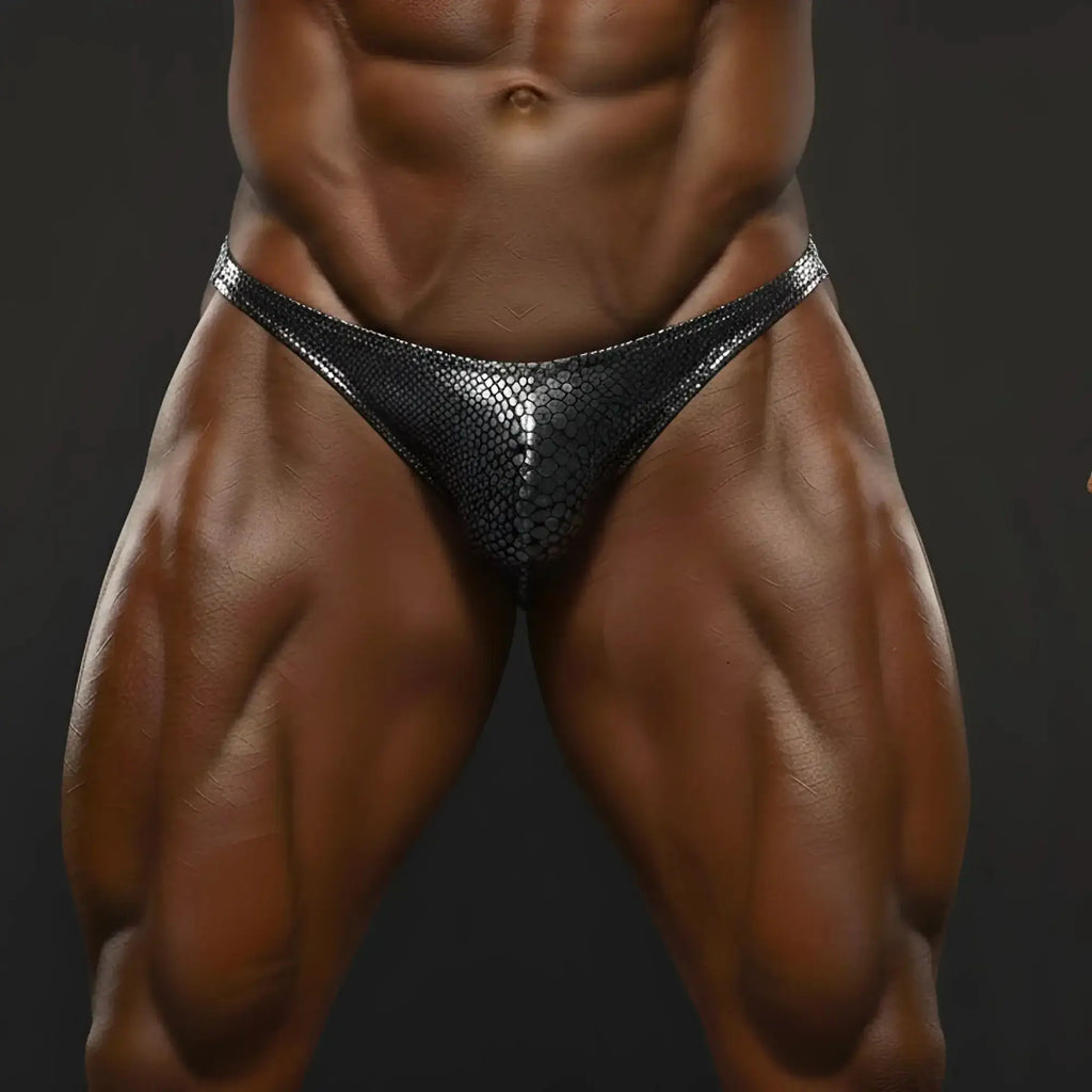 Shiny black snakeskin-patterned metallic athletic briefs by MetroMaleWear designed for posing