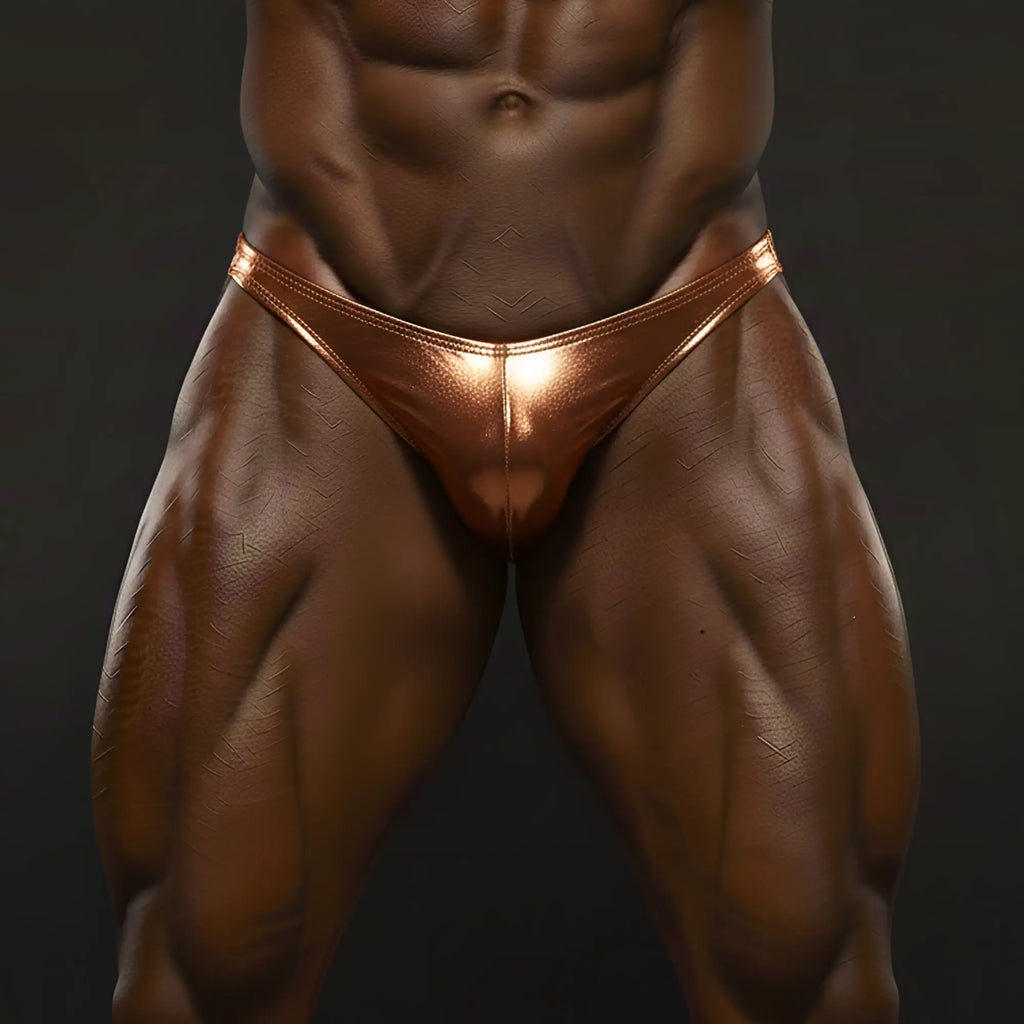 Shiny copper-colored metallic briefs with a sleek form-fitting design from MetroMaleWear Ochre Posing Suit collection
