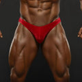 Red velvet thong with subtle lace pattern from MetroMaleWear posingwear simple red velvet posing suit collection