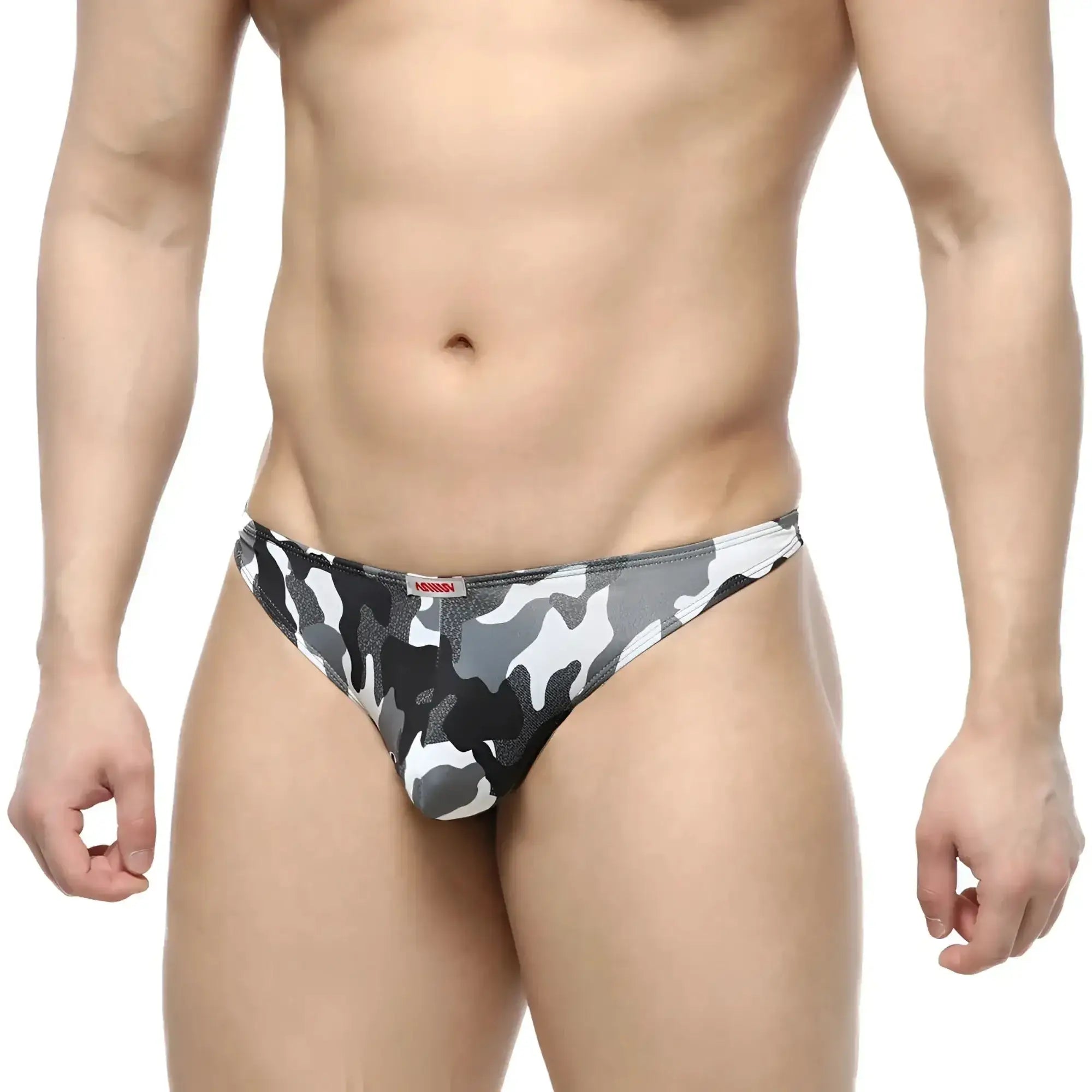 MetroMaleWear pouch thong men’s briefs in gray black and white camouflage with a snug fit for comfortable wear