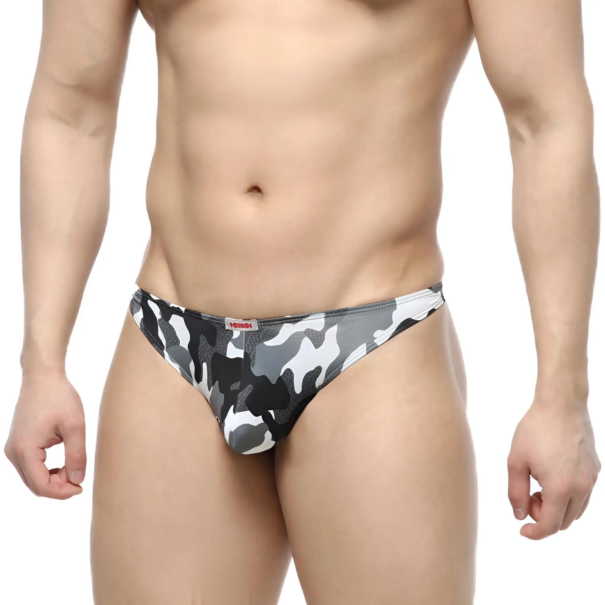 MetroMaleWear pouch thong men’s briefs in gray black and white camouflage with a snug fit for comfortable wear
