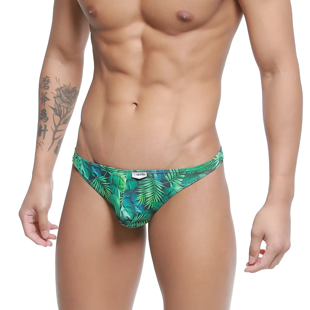 MetroMaleWear pouch thong jungle 2302-02 green tropical leaf-patterned men’s briefs front side in breathable fabric