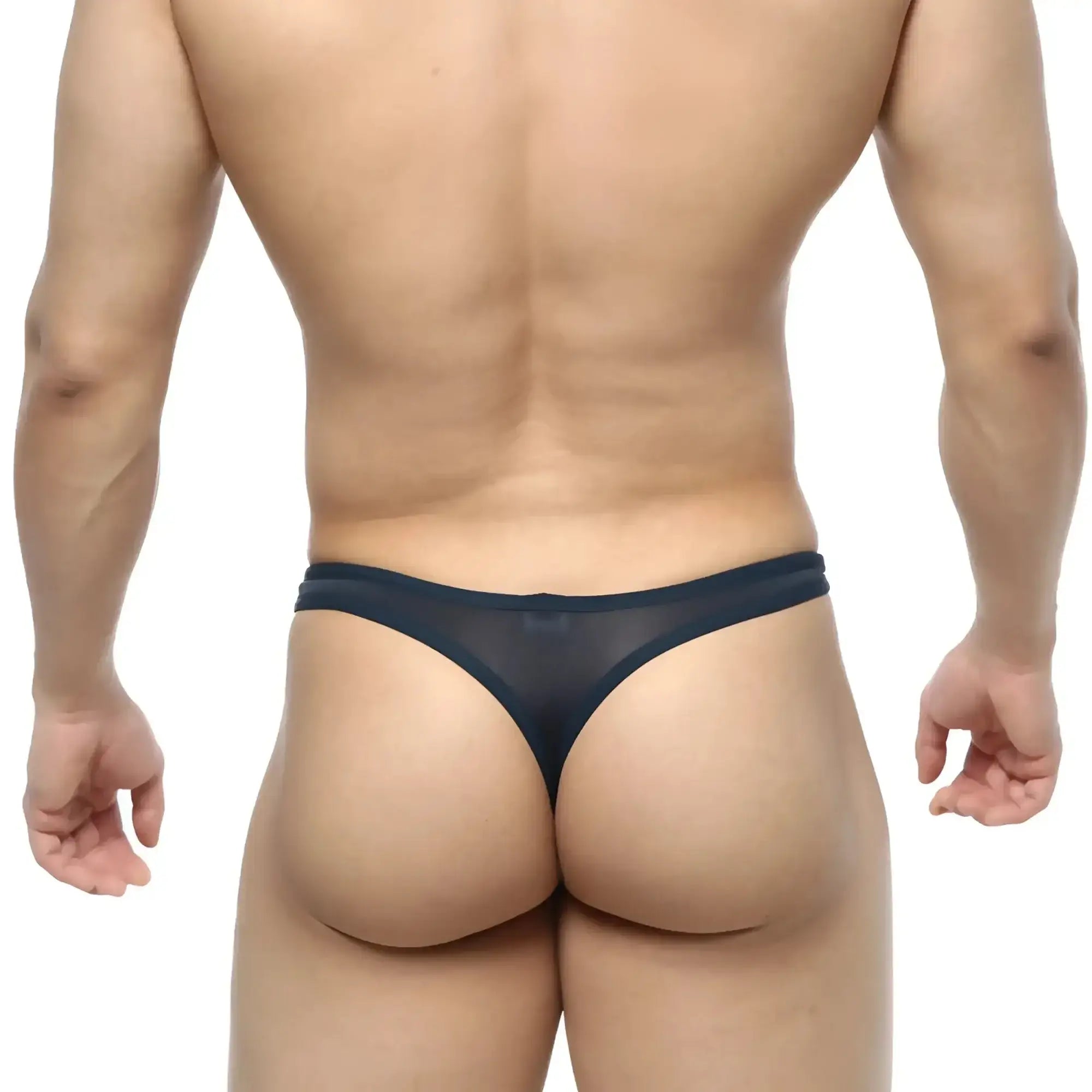MetroMaleWear pouch thong navy 2302-28 featuring black sheer mesh with a solid waistband front view