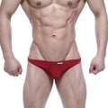 Red striped men’s snug fit briefs with a white brand tag at the waistband from metromalewear pouch thong 2302-47