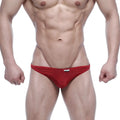 Red striped men’s snug fit briefs with a white brand tag at the waistband from metromalewear pouch thong 2302-47