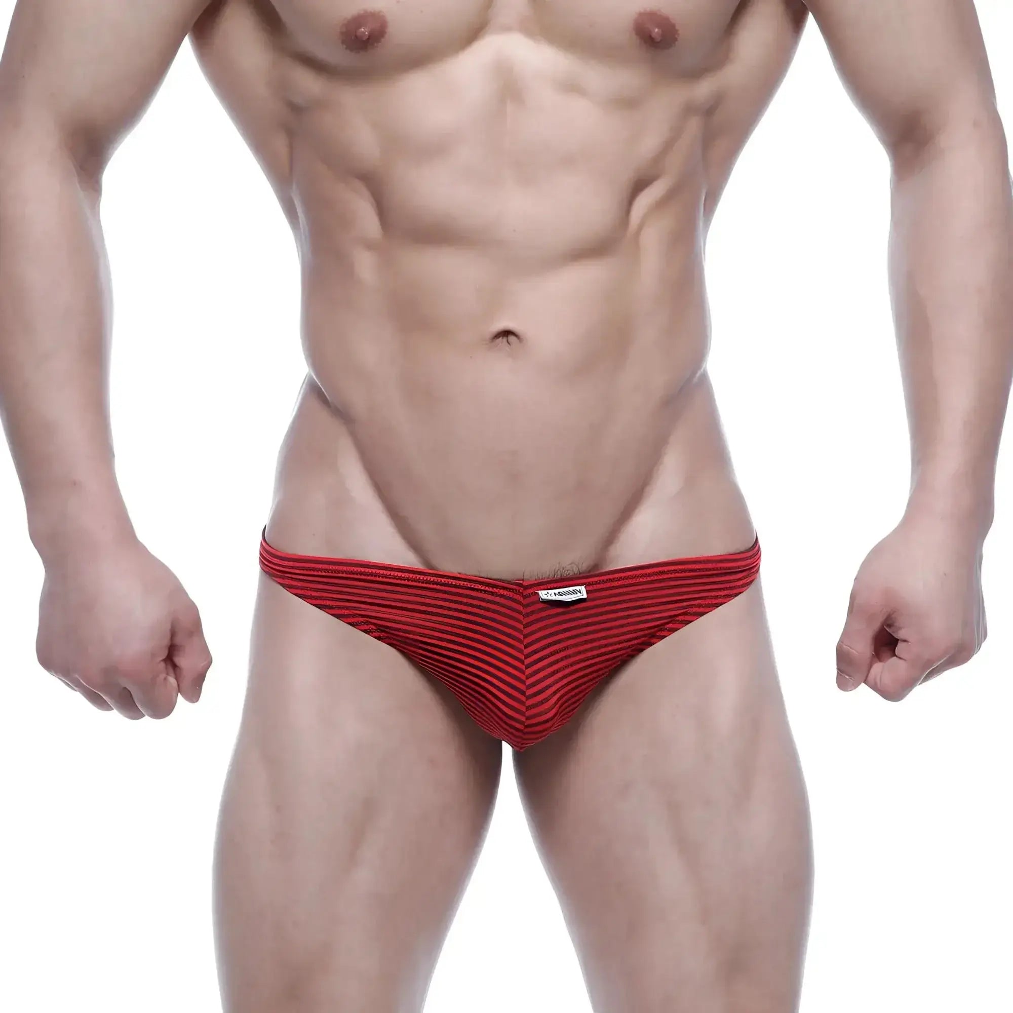 Red striped men’s snug fit briefs with a white brand tag at the waistband from metromalewear pouch thong 2302-47