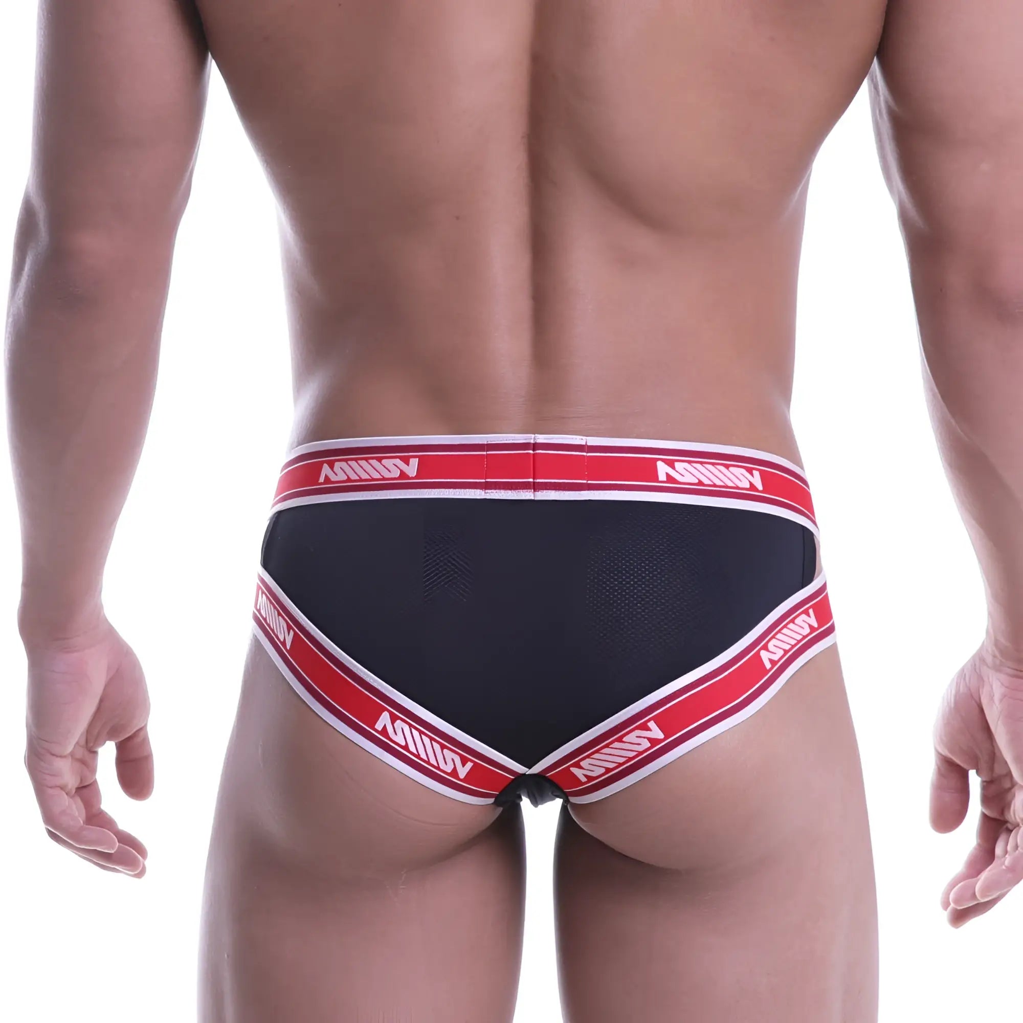 Black and red power mesh hip briefs with white trim and milly logo by metromalewear model 1203-20
