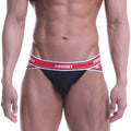 Black MetroMaleWear power mesh hip briefs with bold red waistband featuring white asuv branding