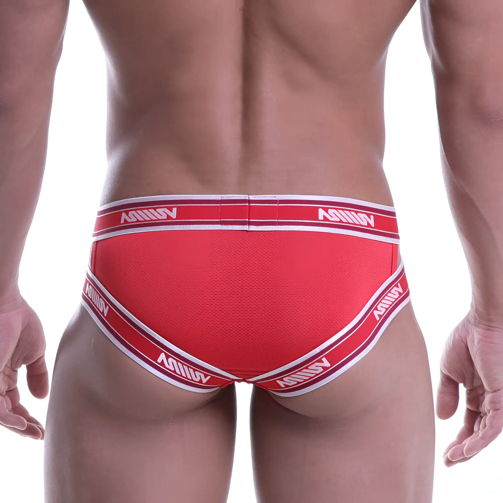 Red metroMalewear power mesh hip briefs with white trim and repeating milliv logo on waistband and leg openings