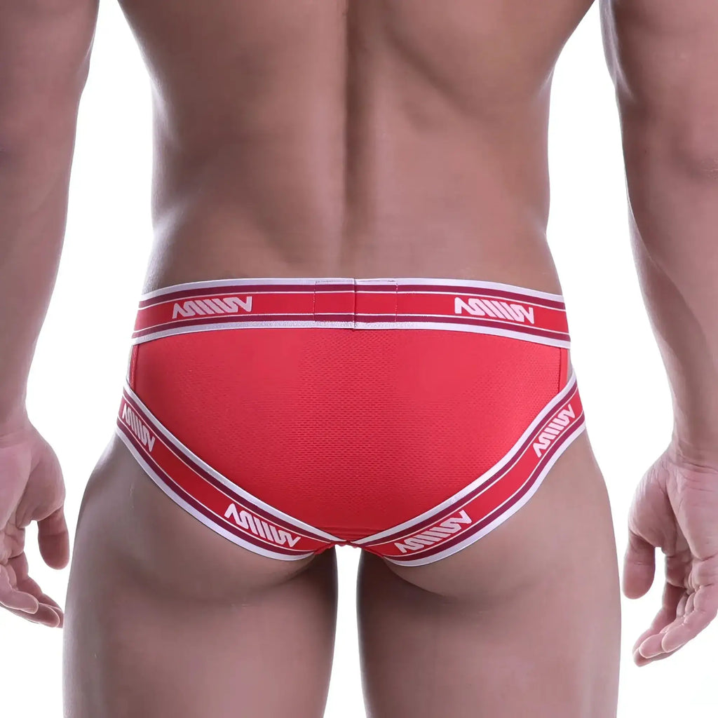 Red metroMalewear power mesh hip briefs with white trim and repeating milliv logo on waistband and leg openings