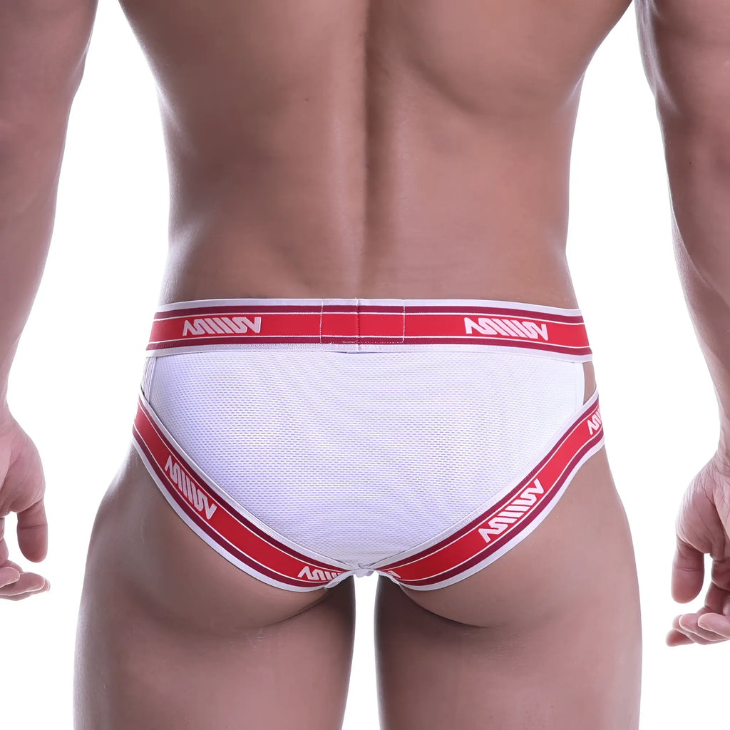 Metro male wear power mesh hip brief white with white mesh and red and white striped elastic bands with avinny logo