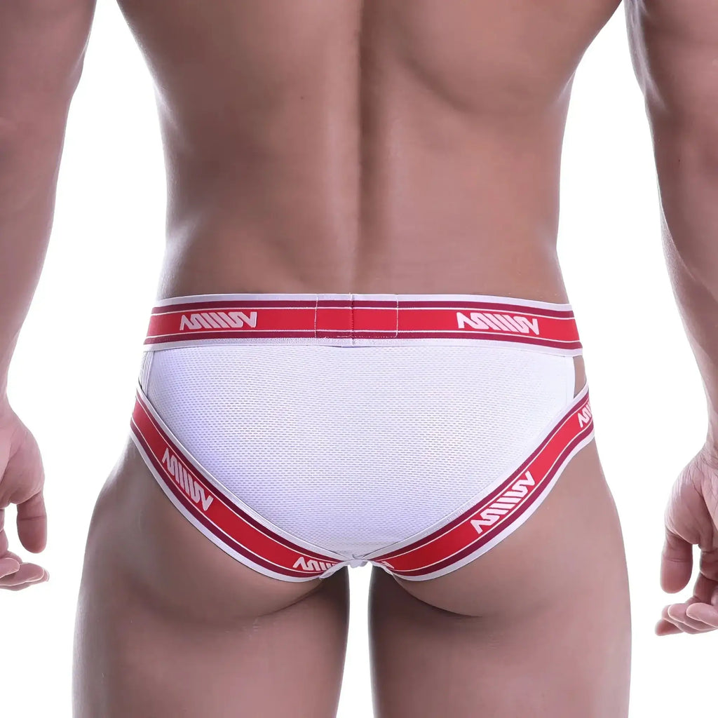 Metro male wear power mesh hip brief white with white mesh and red and white striped elastic bands with avinny logo