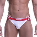 White mesh metro malewear power mesh hip briefs with a red and white striped amin logo waistband