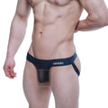 Navy blue MetroMaleWear Power Mesh jock strap with mesh panel and solid fabric waistband by miuw brand