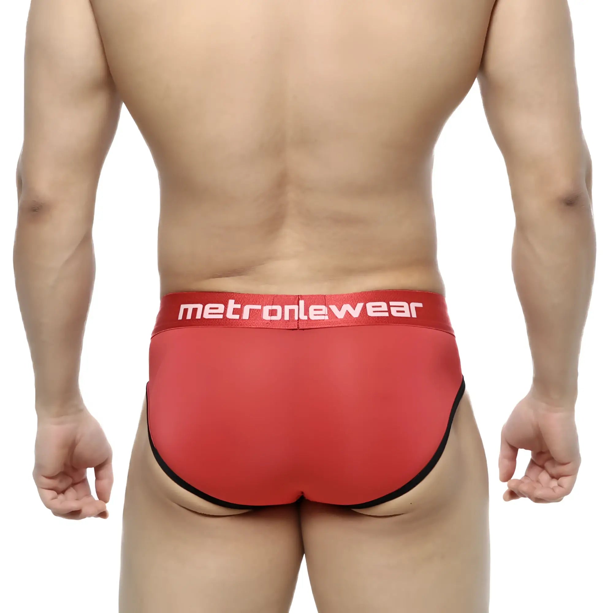 MetroMalewear Prado brief red 5133-12 in red with black trim and white logo on waistband showing front side