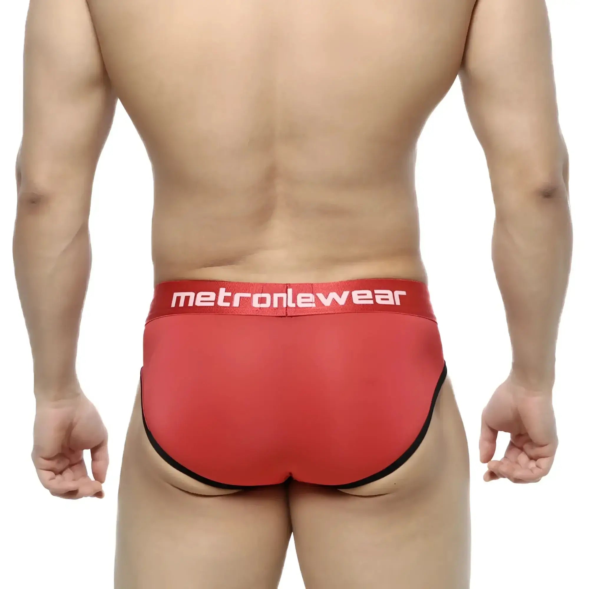 MetroMalewear Prado brief red 5133-12 in red with black trim and white logo on waistband showing front side