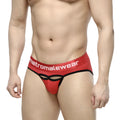 Red metromalewear Prado Brief 5133-12 thong with black trim and cutout design showcasing front view