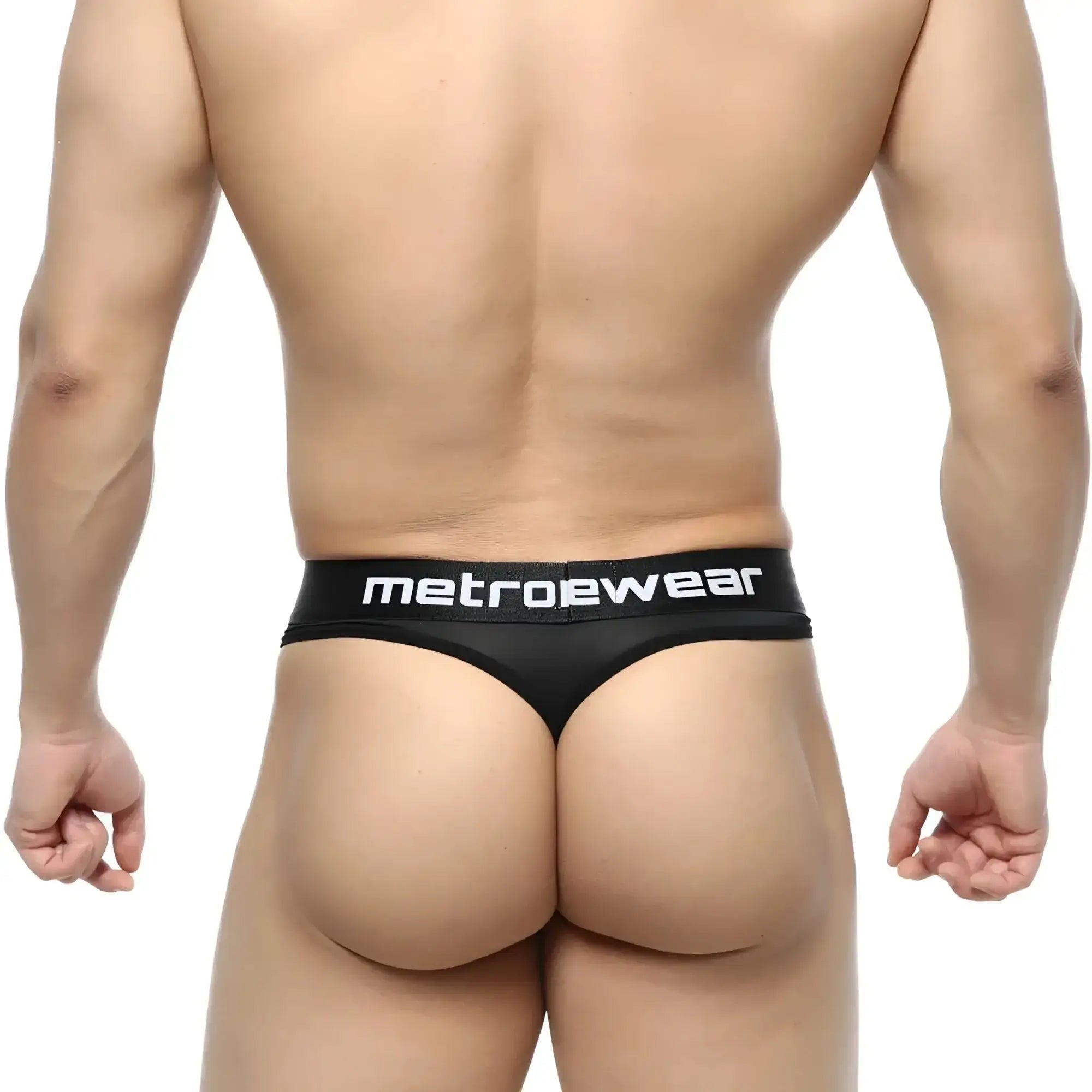 Black metrowear prado thong with sleek minimalist design and white branding on waistband, front view