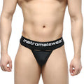 Black metromalewear prado thong with sleek form-fitting design and white branding on waistband front view