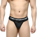 Black metromalewear prado thong with sleek form-fitting design and white branding on waistband front view