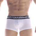White men’s briefs with black elastic waistband featuring metromalewear logo in white from metro malewear premium padded