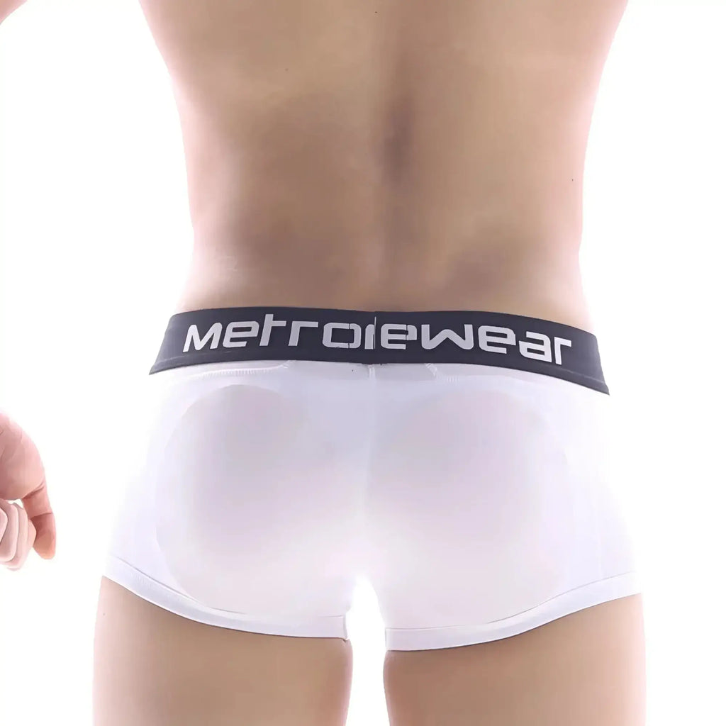 White metrowear men’s briefs with premium padding and black elastic waistband featuring metrowear branding
