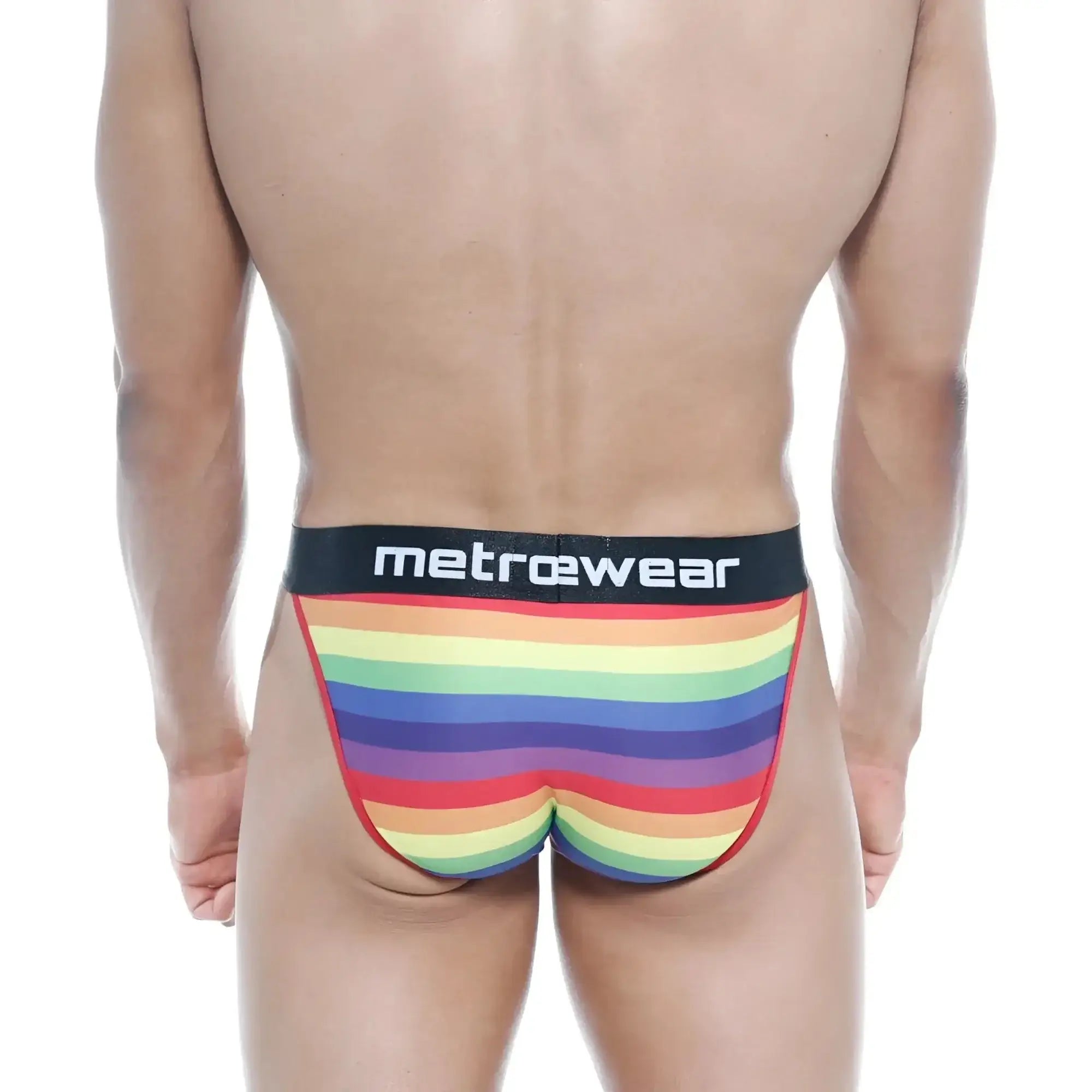 MetroMaleWear Pride bikini rainbow striped men’s briefs with black waistband featuring metrowear branding in white