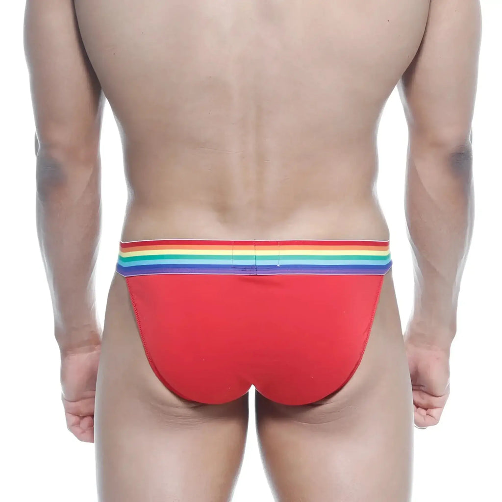 MetroMalewear pride bikini red briefs with rainbow-striped waistband in soft breathable fabric