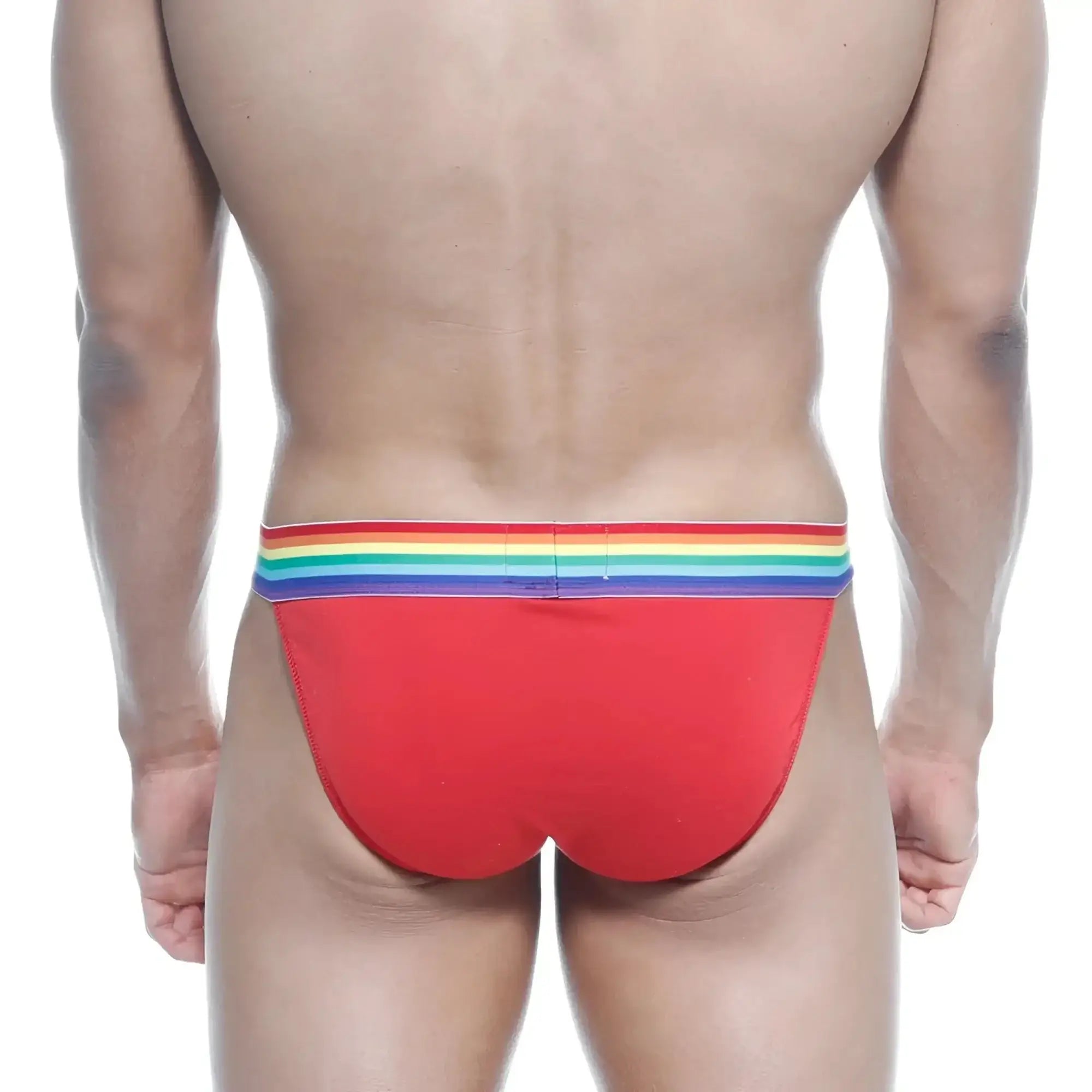MetroMalewear pride bikini red briefs with rainbow-striped waistband in soft breathable fabric