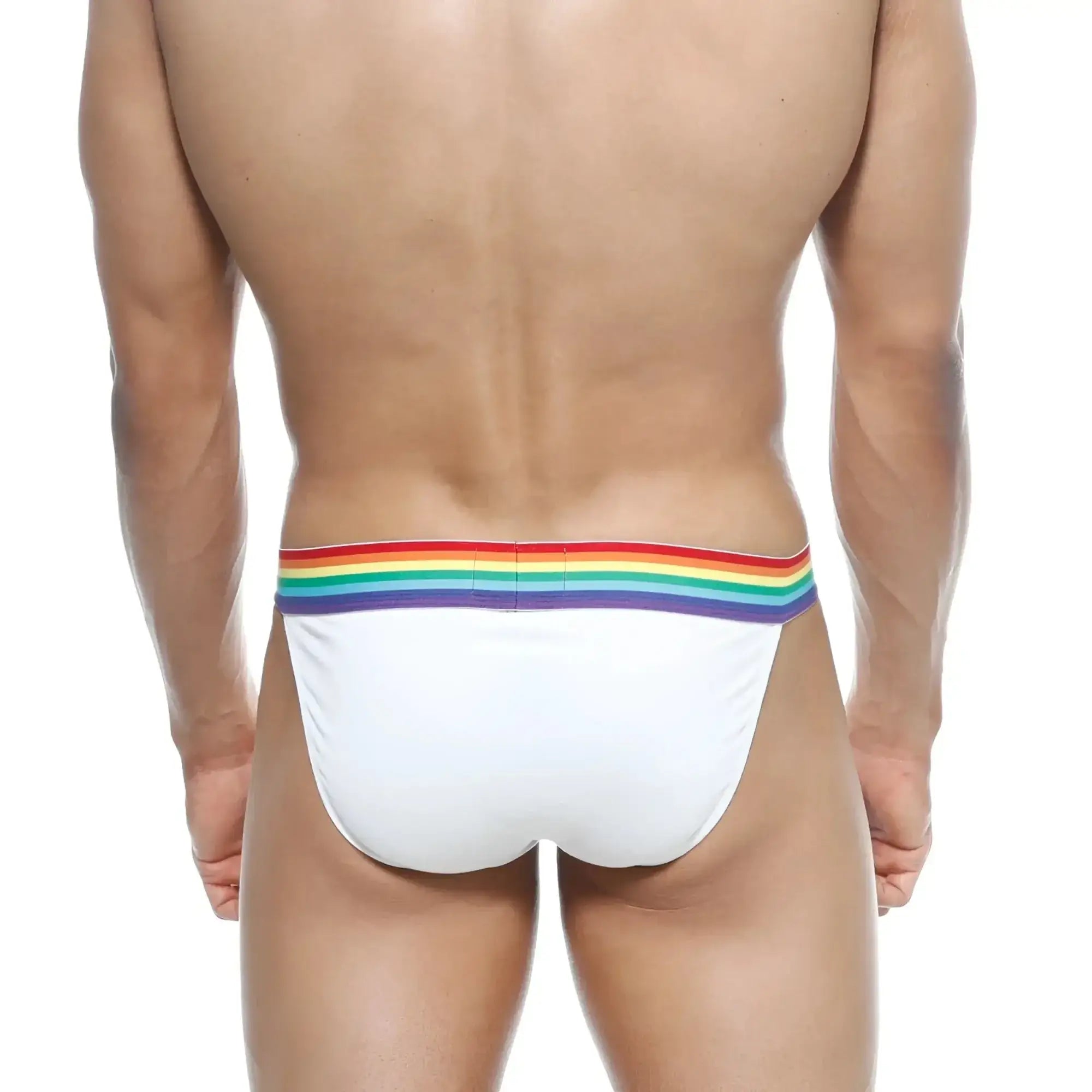Metro male wear pride bikini white briefs with rainbow elastic waistband in soft breathable fabric