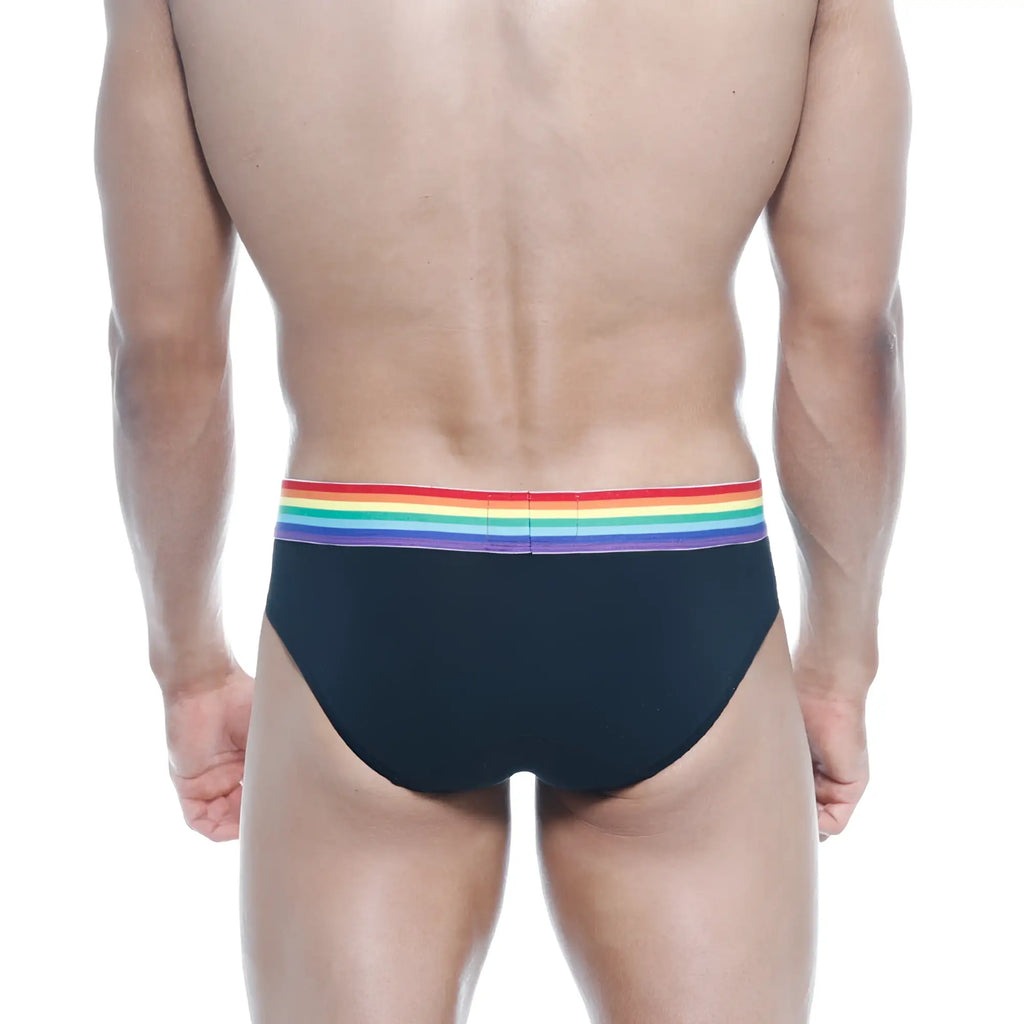 MetroMaleWear Pride brief black 5006-R20 featuring black fabric with a vibrant rainbow stripe waistband