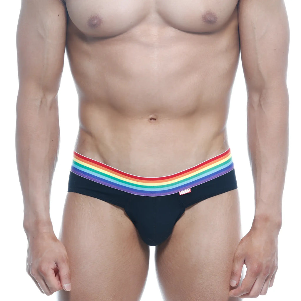 MetroMaleWear pride brief black 5006-R20 black briefs with vibrant rainbow-striped waistband for pride wear