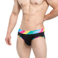 Black men’s briefs with a vibrant rainbow-striped waistband featuring the mew logo metroMalewear pride brief black 5203-58