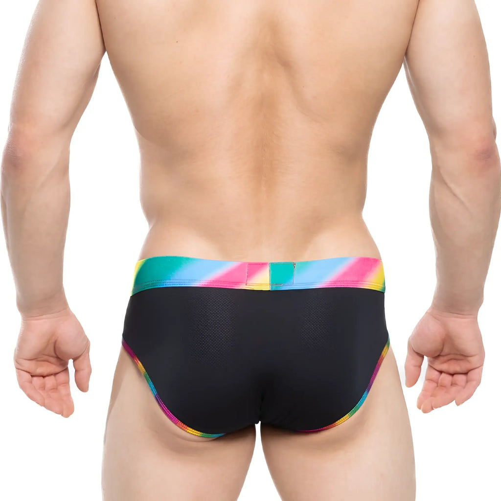 MetroMaleWear pride brief black swim trunks with vibrant rainbow-striped waistband and trim for swimming and pride events