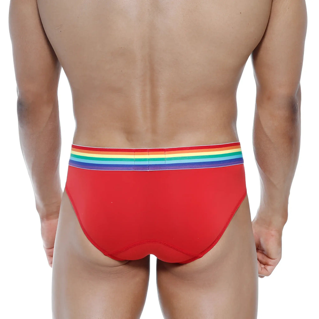 Red briefs with rainbow-striped waistband by metromalewear pride brief red 5006-r12 for comfortable everyday wear