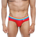 Red briefs with rainbow-striped waistband from metromalewear pride brief red 5006-r12 showcasing vibrant design