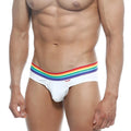 White MetroMaleWear Pride Brief 5006-R00 men’s cotton briefs with vibrant rainbow stripe waistband front view