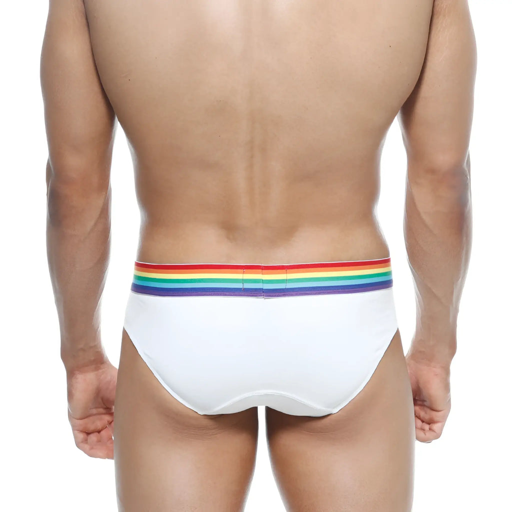 White briefs with vibrant rainbow stripe waistband by metromalewear pride brief white 5006-r00