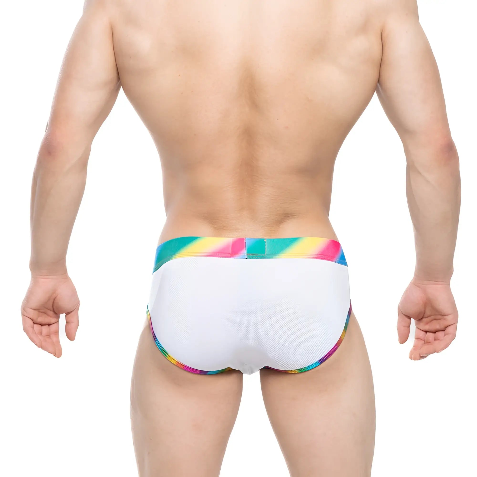 White textured swim trunks with vibrant rainbow-striped waistband and trim from metromalewear pride brief 5203-57